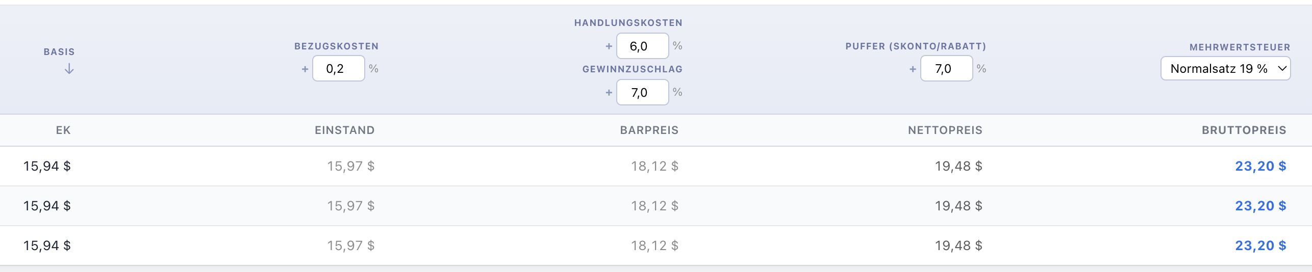 Screenshot der Kalkulationsansicht von PriceCalc Pro im Shopify-Admin